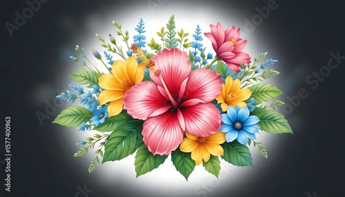 Vibrant hibiscus and assorted flowers arranged in a lush bouquet, artistically rendered with soft lighting.