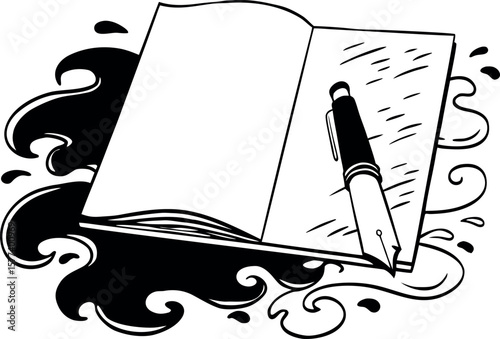 Black and White Illustration of an Open Journal with Pen