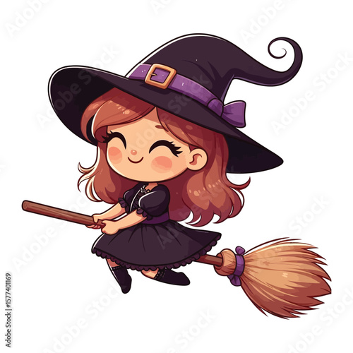 Cute Little Witch Flying On Broom  vector illustration isolated on white background