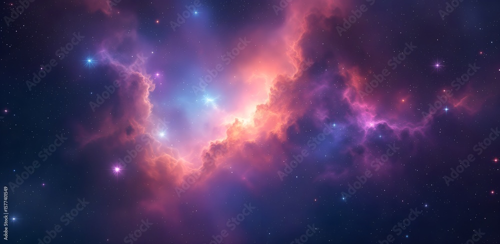 Fototapeta premium A pink purple gold nebula sparkles in the darkness of space