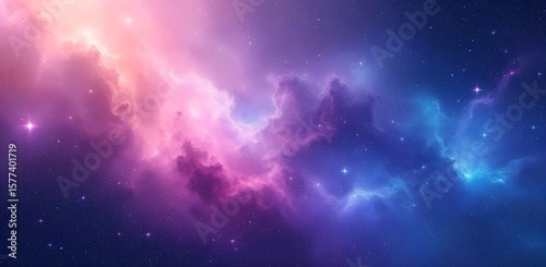 A pink purple gold nebula sparkles in the darkness of space