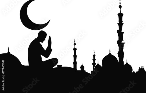 Silhouette of a mosque with dome and minaret in Istanbul city skyline vector illustration at sunset.