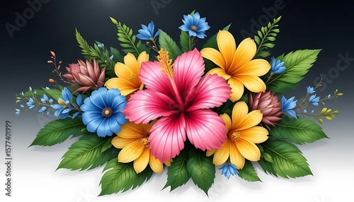 A vibrant floral arrangement featuring a pink hibiscus surrounded by yellow, blue, and brown flowers with lush green leaves.
