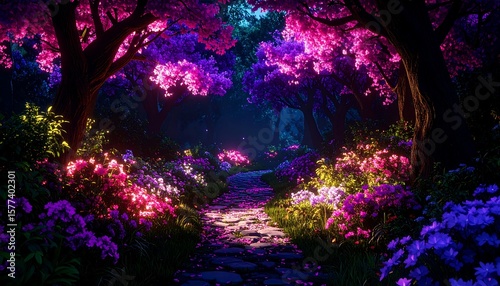 Fototapeta Naklejka Na Ścianę i Meble -  Magical, glowing forest path at night