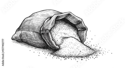sketch of a sack of spilled sugar black and white illustration, SVG