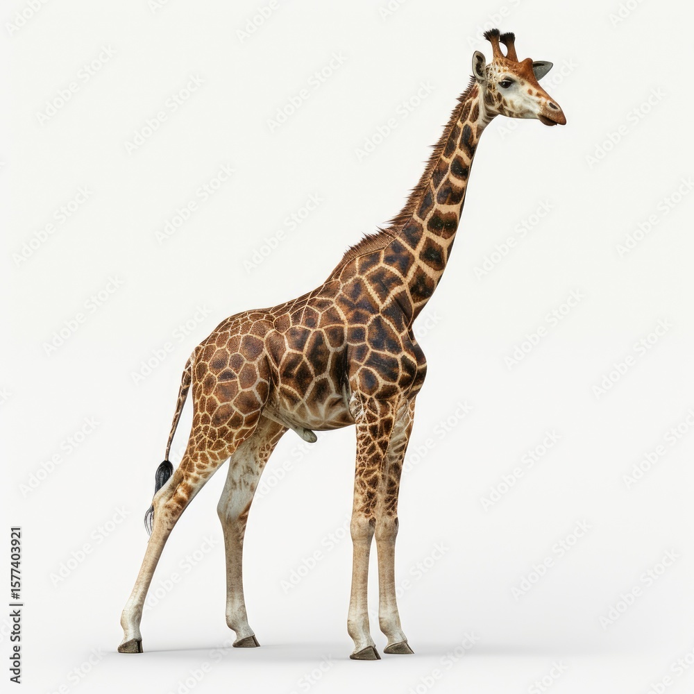 Naklejka premium Giraffe standing, its full body isolated on a white background, in a high resolution photo realistic style. 