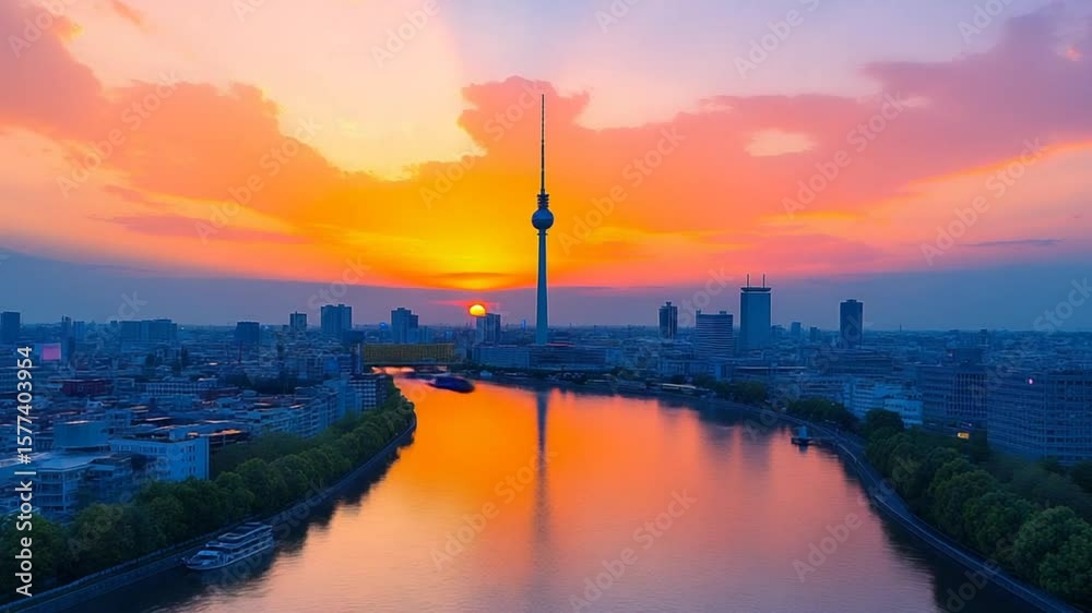 Berlin Sunset: TV Tower & Spree River Panorama - Vibrant Aerial View Berlin Sunset: TV Tower & Spree River Panorama - Vibrant Aerial View