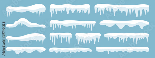 Set of snowy icicles, snow caps vector winter elements