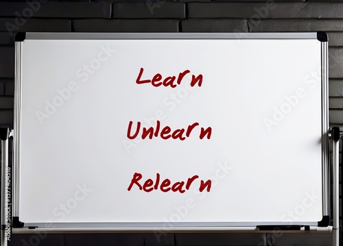 Office whiteboard with handwritten text - Learn Unlearn Relearn - Knowing to discard learned outdated knowledge or skills or fake information and ready to relearn new ones