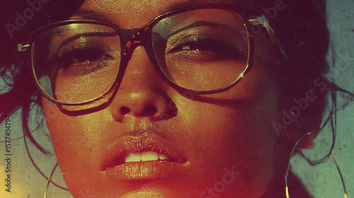 Close-up portrait of a stylish woman in retro glasses, bathed in warm, vibrant light, exuding a soulful and thoughtful mood.
