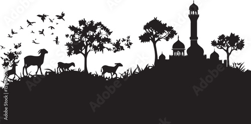 Silhouettes of birds and animals on a tree in a natural forest landscape at sunset.