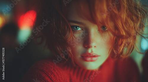 Captivating close-up portrait of a young redhead with striking blue eyes and a thoughtful expression in soft light