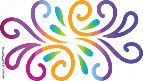 Colorful symmetrical design featuring swirls and teardrop shapes in a vibrant color palette style