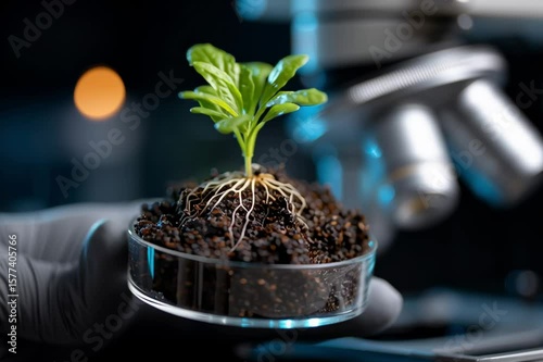 Seedling in petri dish held by gloved hand microscope background soil roots visible