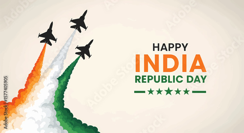 "Happy India Republic Day" Jets Illustration: A Cartoon Aesthetic with Black Fighter Jet Silhouettes, Orange, White, Green Smoke Trails, and Bold Text
