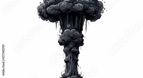 Dense Black and Charcoal Grey Smoke Plume: A Vibrant Vector Illustration of a Turbulent, Columnar Cloud with Varied Textures Against a Plain White Background
