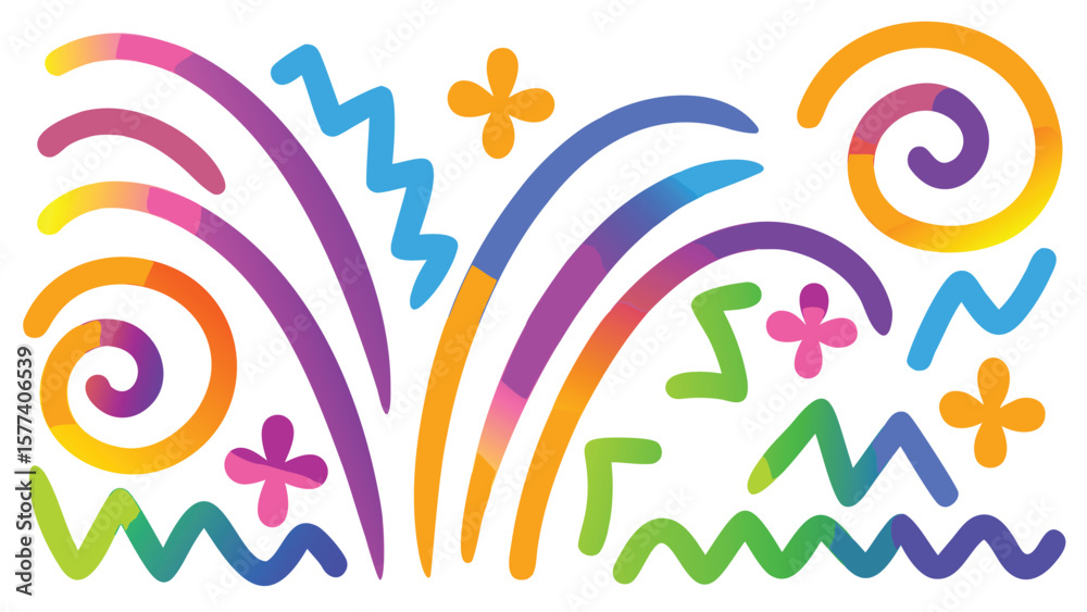 Obraz premium Colorful abstract shapes with swirls zigzags and floral elements on a white background design art