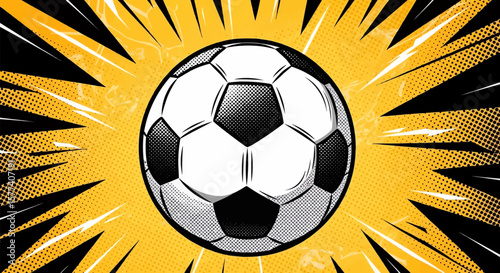 Pop Art Soccer Ball Halftone: A Bold Graphic Novel Illustration of a Classic Ball with Hexagonal and Pentagonal Panels, Dramatic Shadows, and Vibrant Yellow Starburst Background
