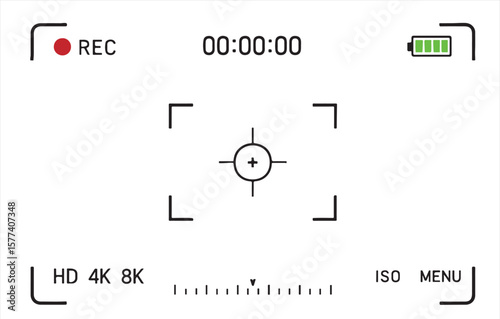 Camera viewfinder interface with focus frame, battery indicator, and recording timer in black on white background for photography and video shooting HUD display concepts vector illustration

