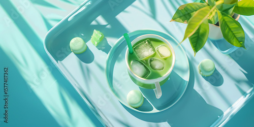 Cucumber Slices with Mint Leaves in Glass Against Blue Background with Sunlight

