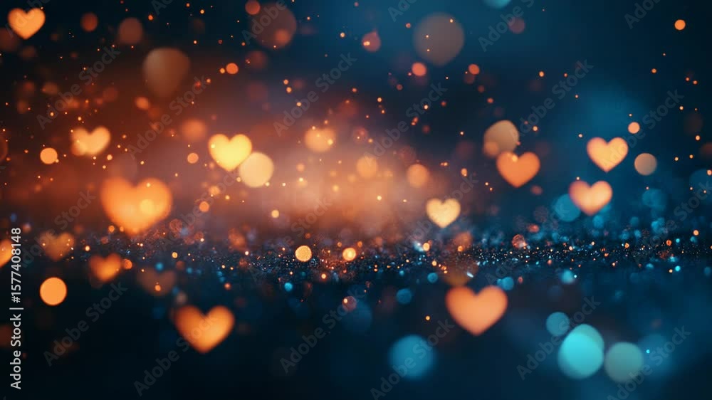 Heart-Shaped Bokeh Lights in Blue and Orange with Sparkling Particles