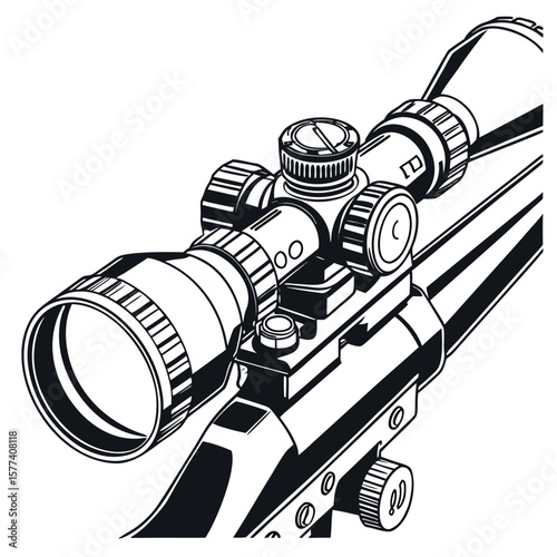 Detailed Line Art Depiction of a High Powered Rifle Scope with Adjustment Knobs and Mounting Hardware Emphasizing Precision and Optics