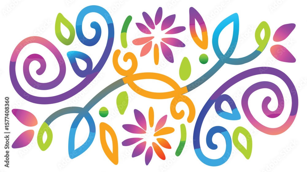 Fototapeta premium Colorful floral design with spirals leaves and flowers in a symmetrical arrangement on a white background
