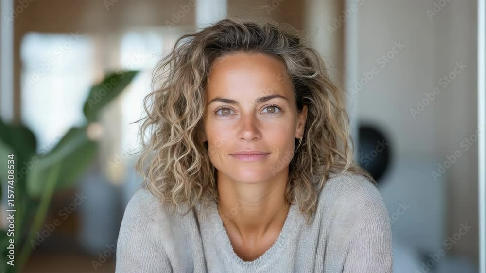Natural beauty shines through woman with curly hair, serene expression in bright indoor setting Natural beauty shines through woman with curly hair, serene expression in bright indoor setting