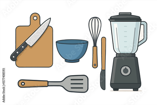 Kitchen utensil icon set including blender, whisk, knife, cutting board, bowl, spatula, and spreader isolated on white background for cooking and culinary concepts vector illustration

