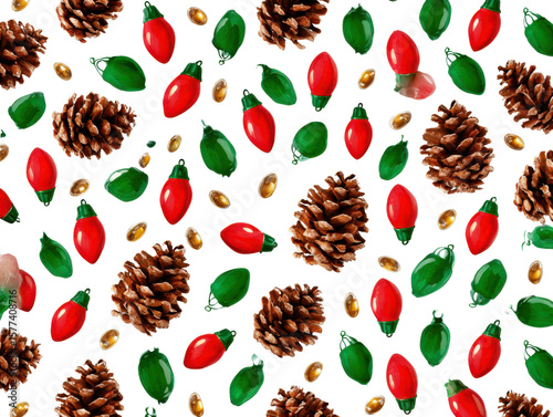 Holiday Cheer: A festive scattering of pine cones, Christmas lights, and decorative accents creates a vibrant holiday pattern, perfect for seasonal celebrations and cheerful designs.