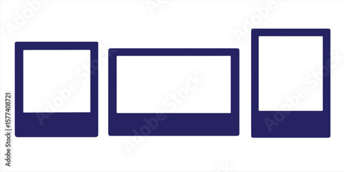 Empty photo frame icon set in dark blue color with vertical and horizontal orientation isolated on white background for photography and media design concepts vector illustration

