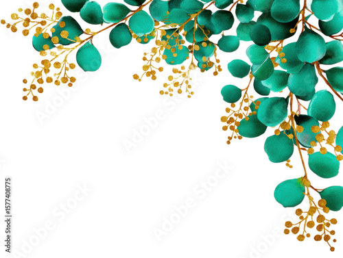 Botanical Beauty: An elegant botanical illustration showcases the natural allure of eucalyptus branches with verdant leaves and delicate golden accents.
