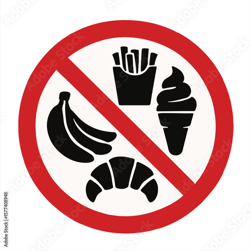 No food allowed sign with red prohibition symbol over fries, ice cream, banana, and croissant icons isolated on white background for diet and restriction concepts vector illustration

