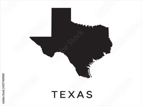 Black silhouette of the state of texas with the word texas below