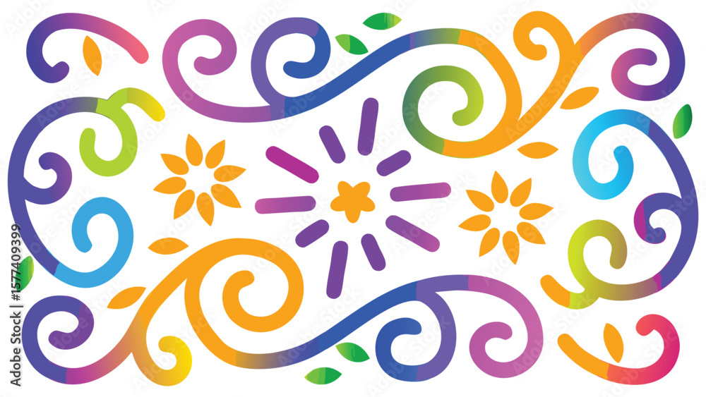 Fototapeta premium Colorful floral design with swirls and starburst pattern on a white background creating a vibrant artwork