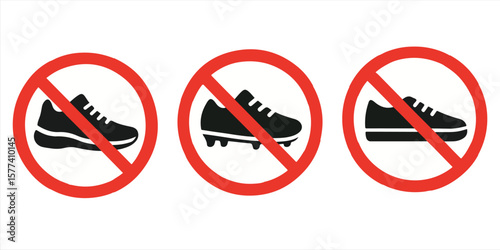 Prohibited footwear icon symbols with red circle, and cross for no shoes allowed or restricted footwear areas concept isolated on white background vector illustration

