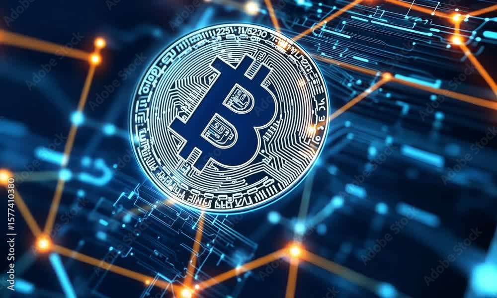 Close up of a bitcoin coin with digital network lines on a dark blue background design concept