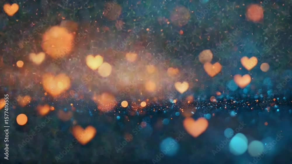 Heart-Shaped Bokeh Lights in Blue and Orange with Sparkling Particles