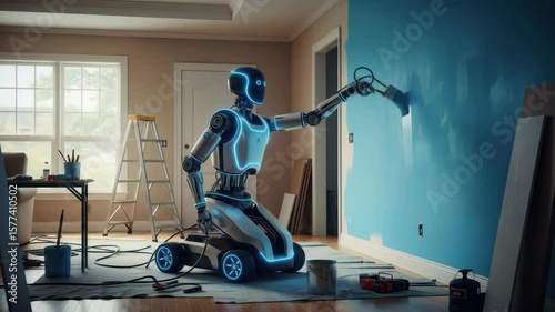 Robot Painting Blue Wall in Room During Renovation