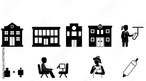 "Flat glyph-style icons of healthcare services. Includes clinic building, doctor consultation, hospital room, operation theatre, nurse assistance, and vaccination. Silhouette black on transparent back