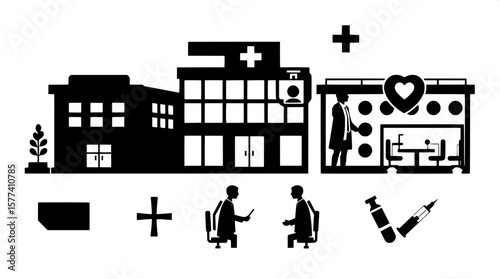 "Flat glyph-style icons of healthcare services. Includes clinic building, doctor consultation, hospital room, operation theatre, nurse assistance, and vaccination. Silhouette black on transparent back