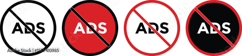 ad block icon set. No ads icon. No ad blocker icon set with red and black color. Remove advertisement logos. Ads with prohibition marks
