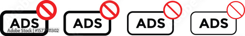 ad block icon set. No ads icon. No ad blocker icon set with red and black color. Remove advertisement logos. Ads with prohibition marks
