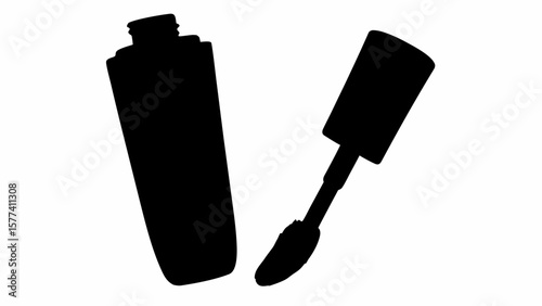 Silhouette of mascara tube with cap and applicator brush on a plain white background in simple vector style