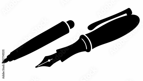 Illustration of a black fountain pen with its cap removed and placed beside the pen on a white background