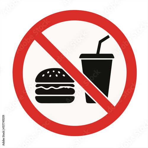 No fast food and drink sign with burger and soda cup icon inside red prohibition circle isolated on white background for health and diet restriction concepts vector illustration

