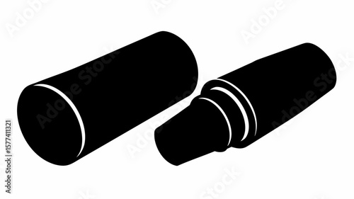 Illustration of two black cylindrical objects one whole and one disassembled on a white background space 100
