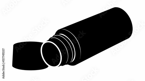 Black and white illustration of a cylindrical container with its lid lying next to it on a white background