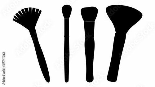 Silhouette illustration of four different makeup brushes with varying shapes and sizes on white background