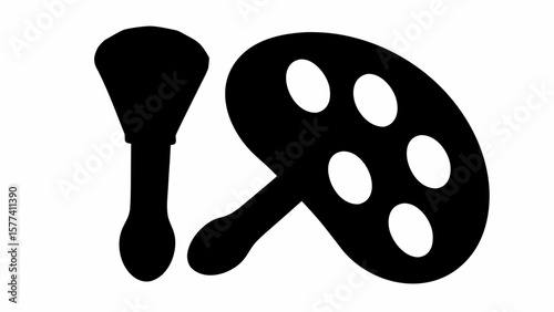 Illustration of a makeup brush and a color palette with several circular depressions in black and white